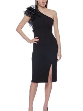 Marina Black Ruffled One Shoulder Sleeveless Scuba Crepe Sheath Dress, size 10